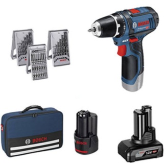 Bosch Akumulatorska bušilica/odvijač GSR 12V-15+1 x 2.0 Ah+1 x 4.0 Ah baterija+set od 39 komada dodatnog pribora u torbi za alat, 0615990G6L