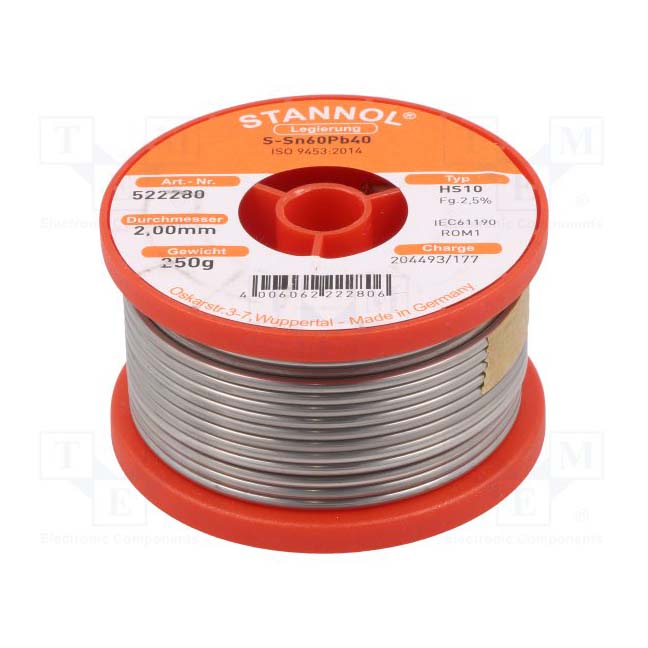 Stannol Žica za lemljenje Tinol punjena 2mm 250gr Sn60/Pb40, sn60/pb40/2/250