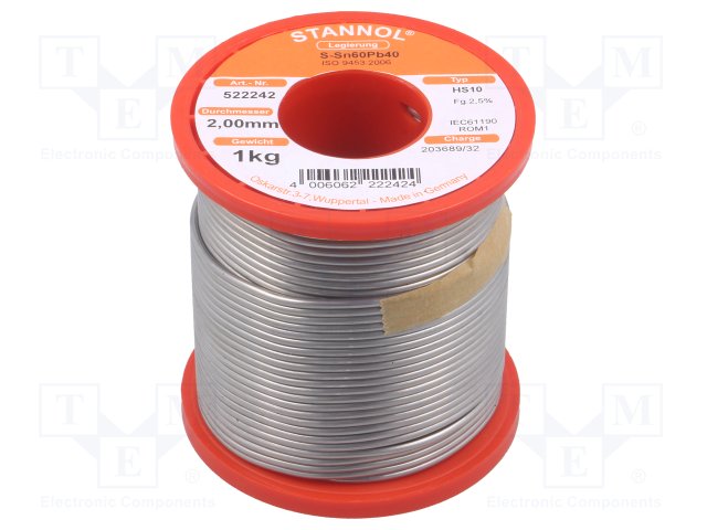 Stannol Žica za lemljenje Tinol punjena 2mm 1000gr Sn60/Pb40, sn60/pb40/2/1000