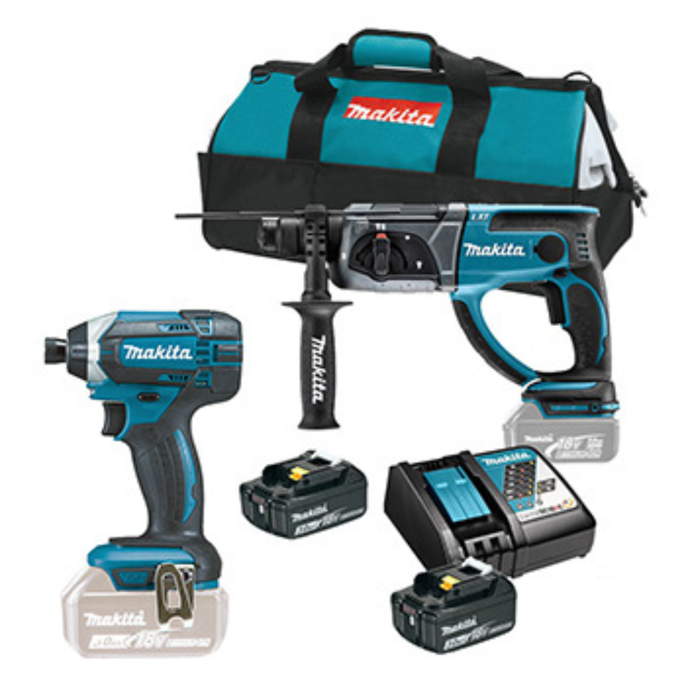 Makita Aku. bušilica-čekić SDS plus 18V + Aku. udarni odvijač, DHR202+DTD152