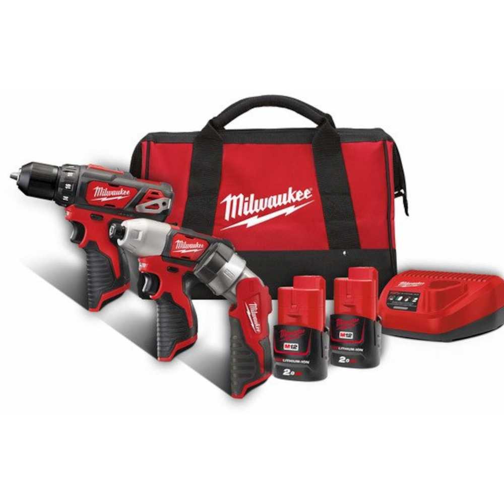 Milwaukee - Aku set – subkompaktna bušilica, subkompaktni udarni odvrtač i LED lampa sa dve baterije i punjačem u torbi M12 BPP3A-202B - 4933441225