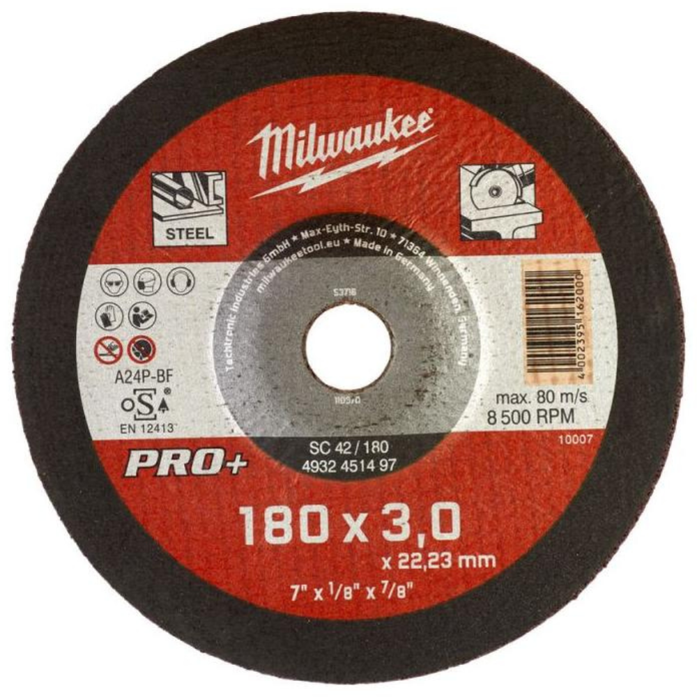 Milwaukee - Rezna ploča za sečenje metala, konveksan, 180 x 3 x 22,23 mm,Pro+ - 4932451497