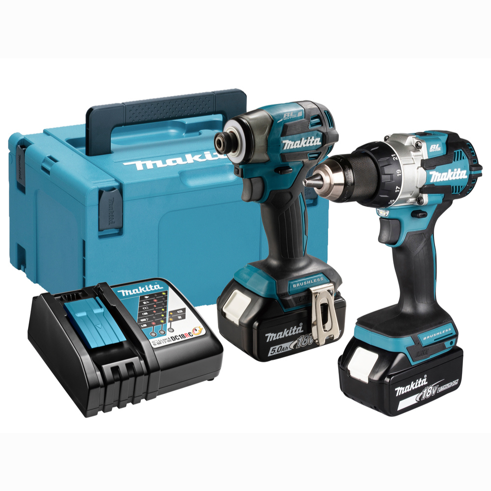 Makita - Kombinovani komplet sa bušilicom/odvijačem, udarni odvrtač, 2x 5 Ah baterijama, punjačem i MAKPAC-om - DLX2527TJ