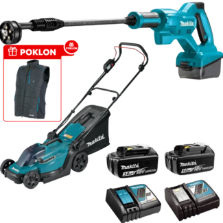 Makita - Aku set, kosačica DLM330 + perač pod pritiskom DHW180 sa dve baterije od 5Ah i 3A h i dva punjača - DLX2583T+BL1830B+PUN.GDC+ poklon DCV202Z